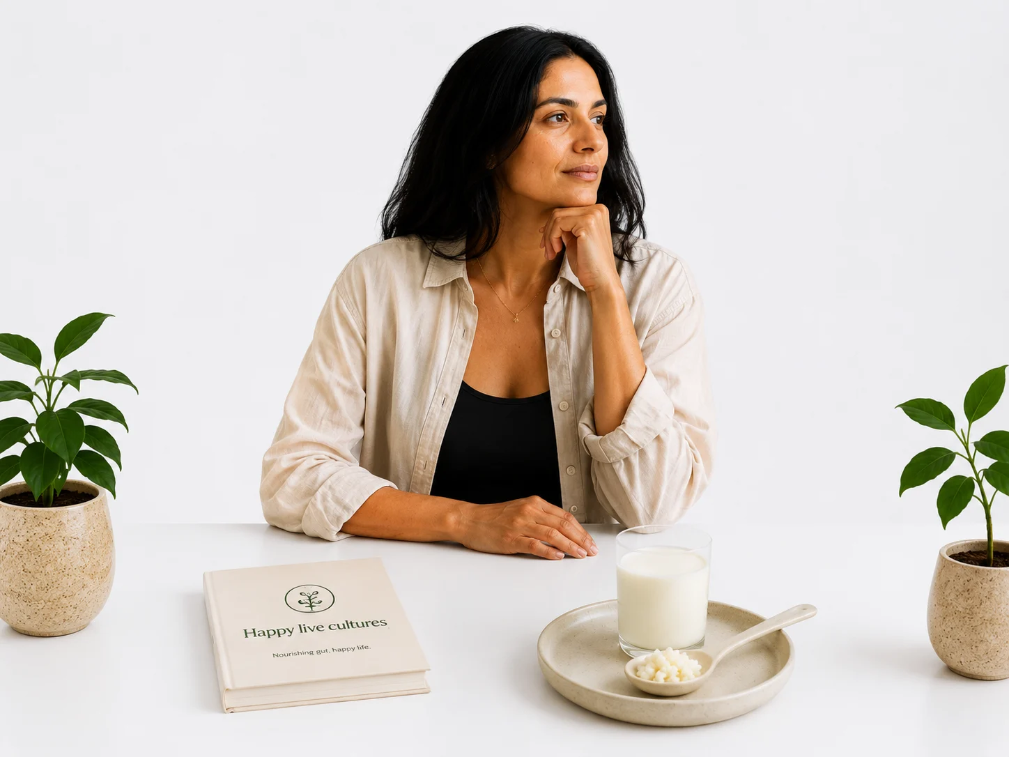 Woman with fermented foods and probiotic milk